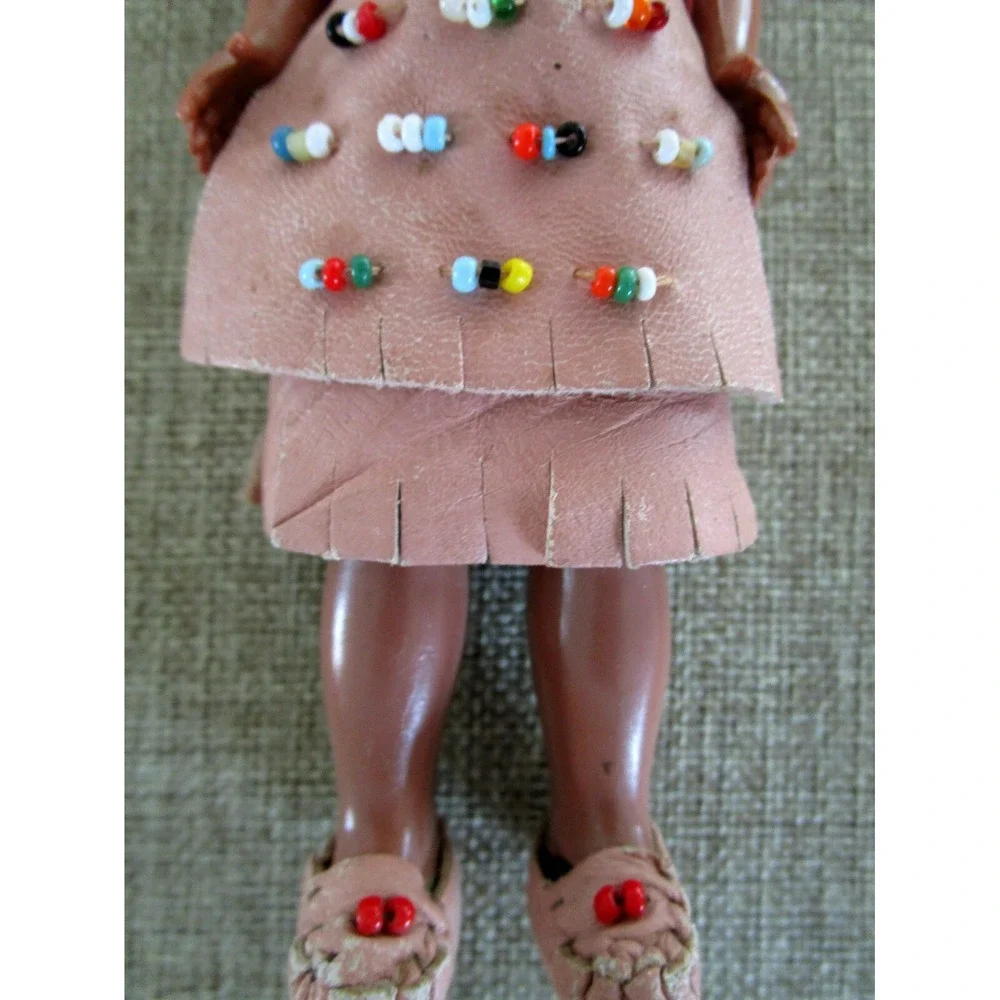 American Indian Girl Vintage Doll with Sleep Eyes Beading Moccasins Marked 7A